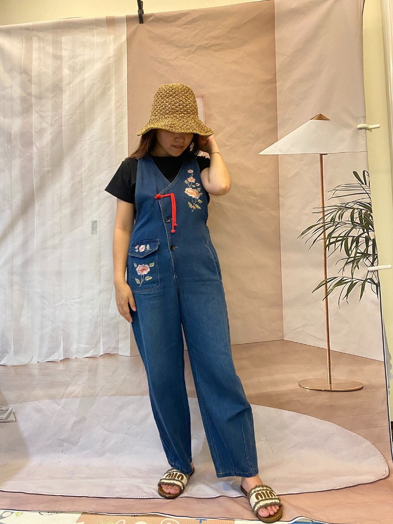Women's Rose Embroidered Denim Overalls with Loose Wide-Leg Fit