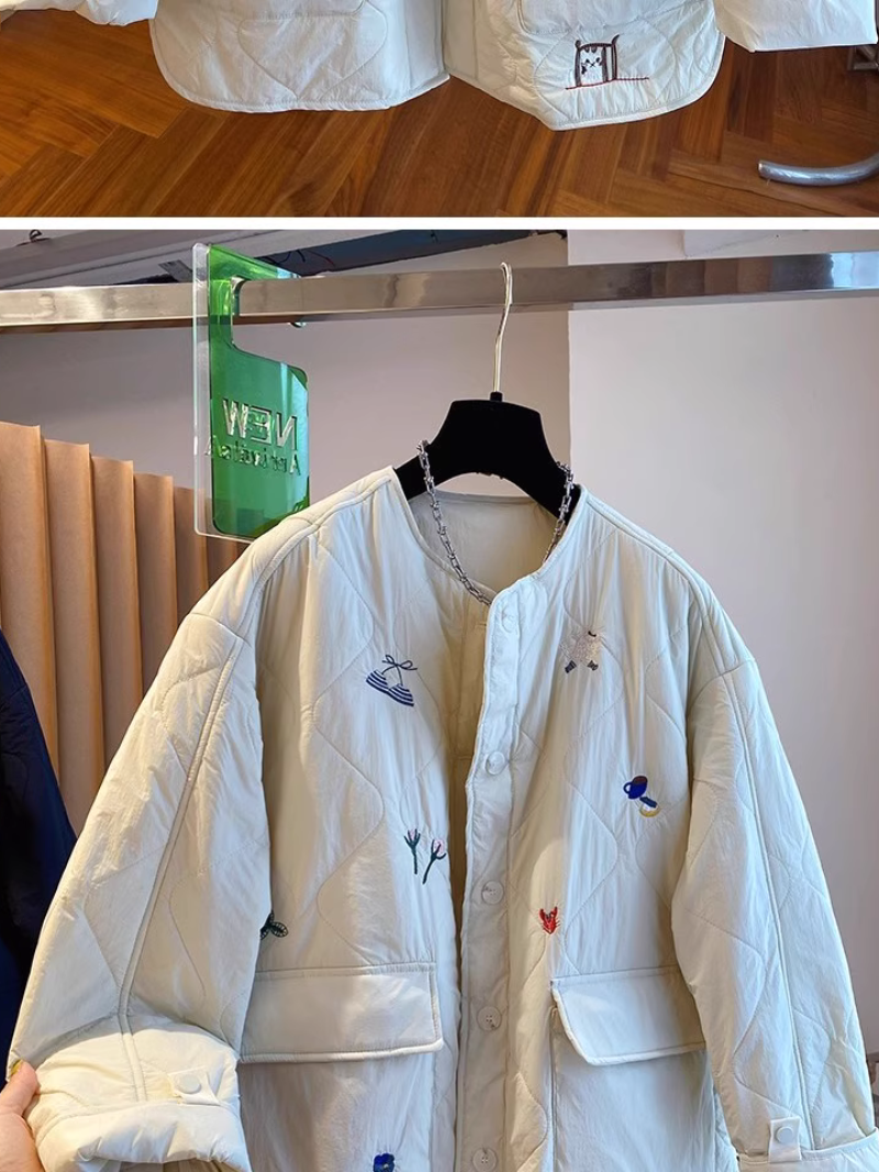 Chic Quilted Jacket, Embroidered Oversized Silhouette with Patch Pockets, Cotton-Poly