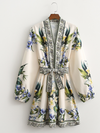 Women's Modern Printed Flower Waist Belt Shirt Dress
