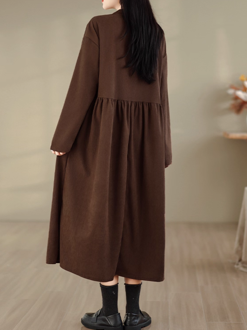 Elegant Corduroy Long-Sleeve Midi Dress with Buttons and Banded Collar
