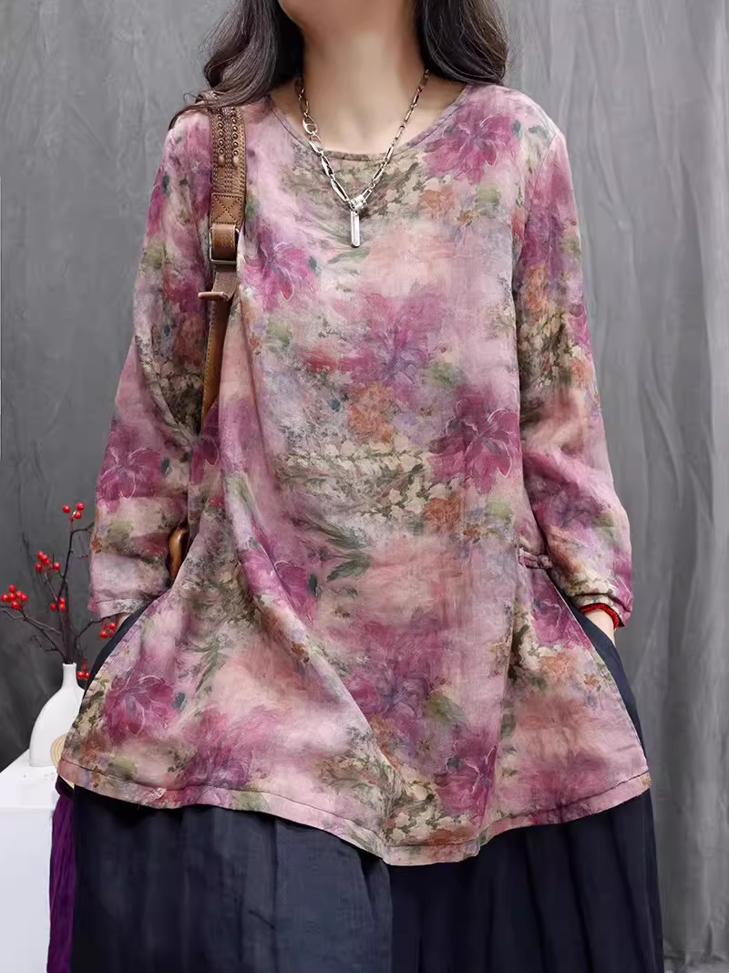 Painterly Floral Cotton Linen Tunic Blouse with Relaxed Long Sleeves