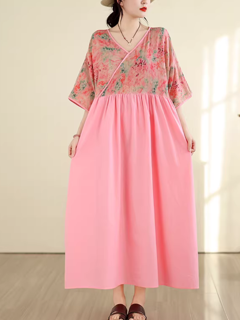 Floral Kimono-Top V-Neck Maxi Dress in Viscose Blend Chic Silhouette