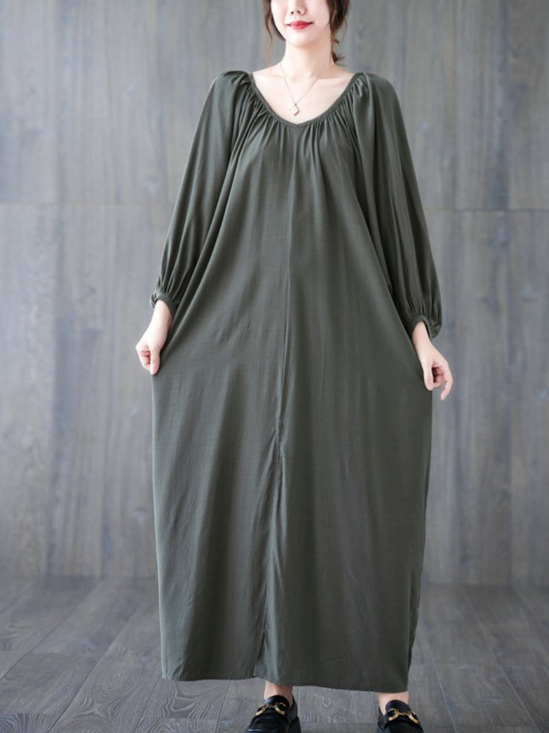 Gathered Neck Viscose Maxi Dress with Belt and Bishop Sleeves