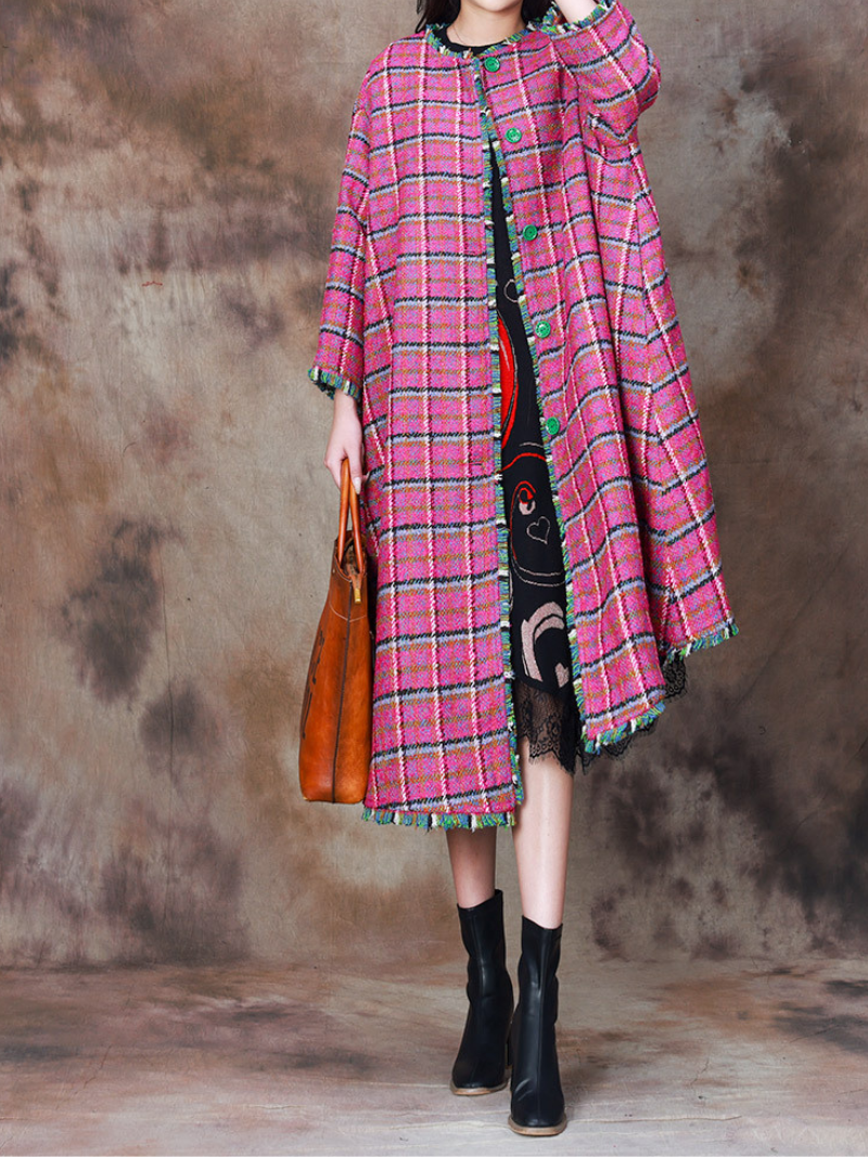 Women's Winter Wear Plaid Woolen Button-Up Coat