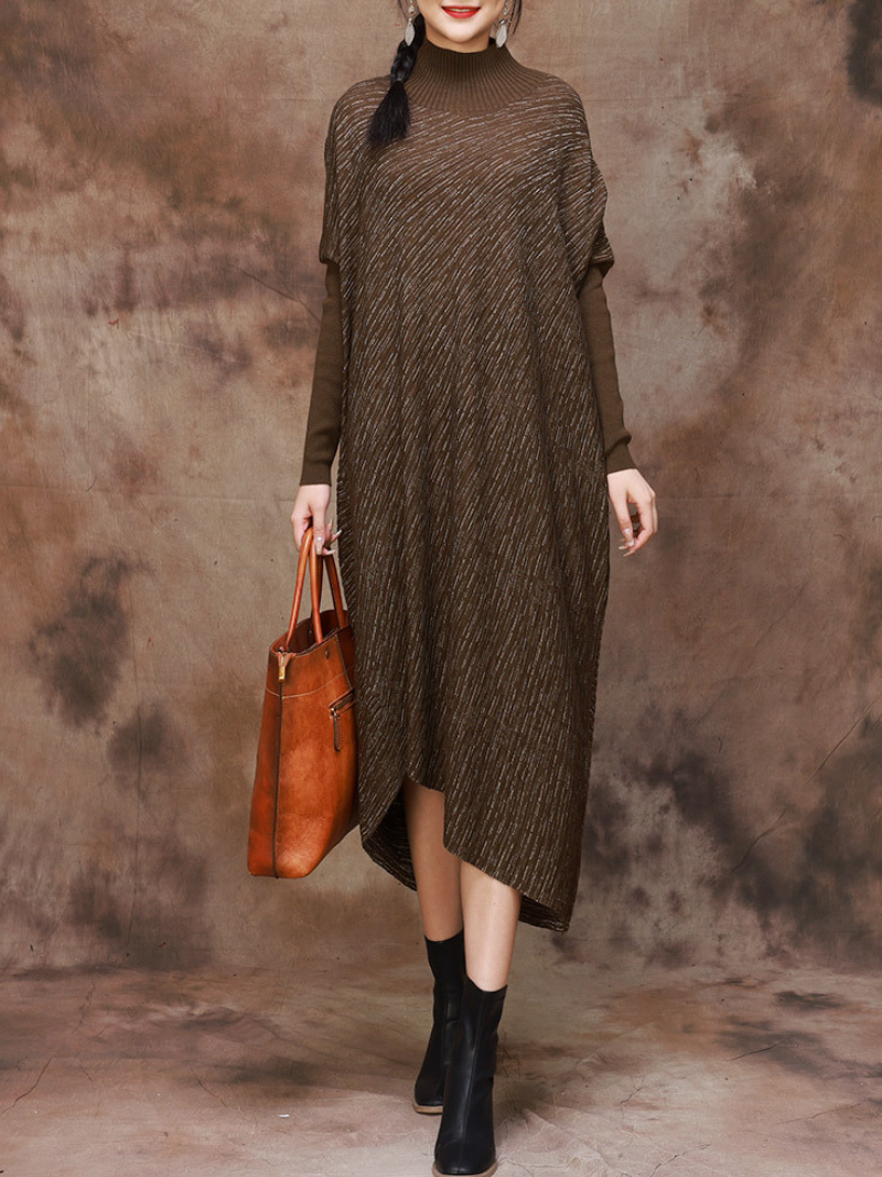 Plus Size Knitted Loose Bat Sleeve Stripe Midi Dress for Women