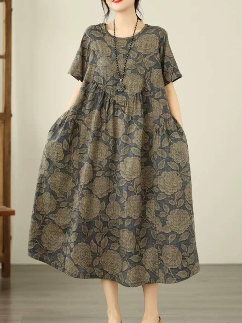 Botanical A-Line Cotton Linen Dress with Pockets, Relaxed Midi Elegance