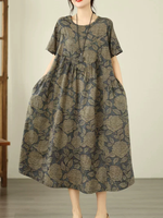 Botanical A-Line Cotton Linen Dress with Pockets, Relaxed Midi Elegance