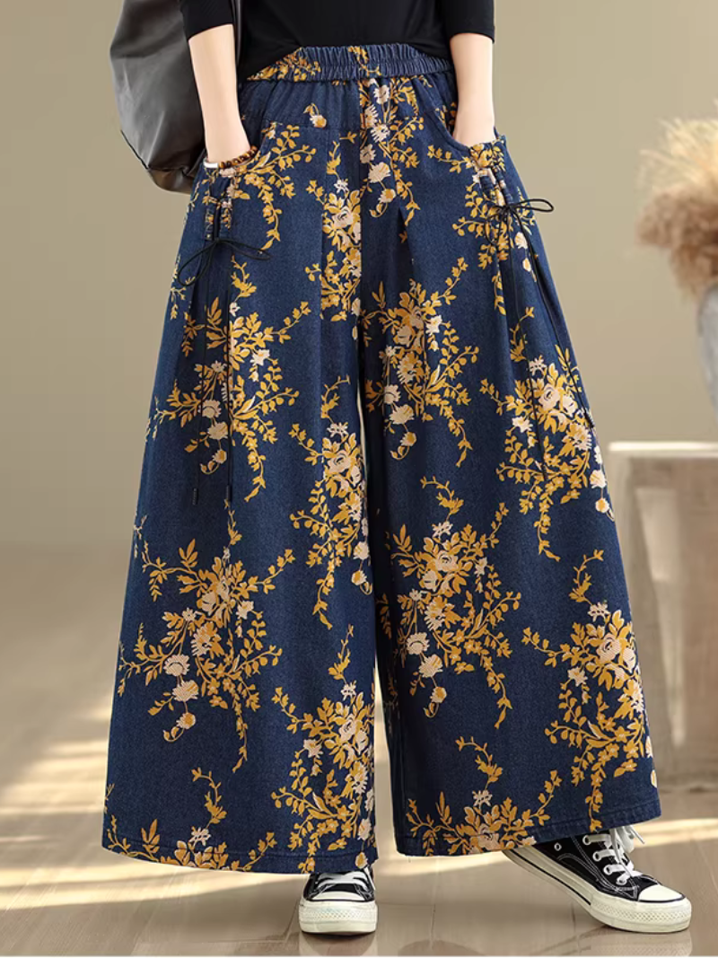 Floral Denim Cotton Palazzo Pants with Elastic Waist, Chic Wide-Leg Silhouette