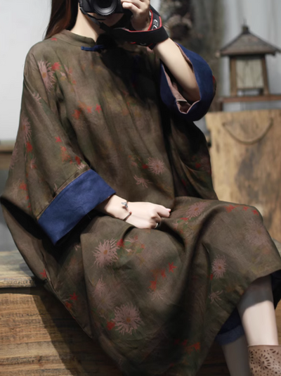 Women's Stand-up Collar Plate Button Mid-Length Shirt Dress