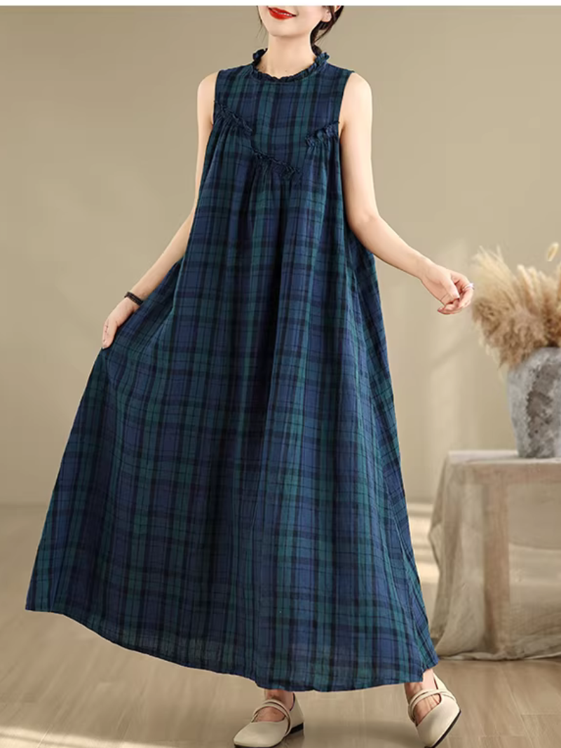 Sleeveless Plaid Maxi Dress in Airy Cotton Linen Blend Elegance