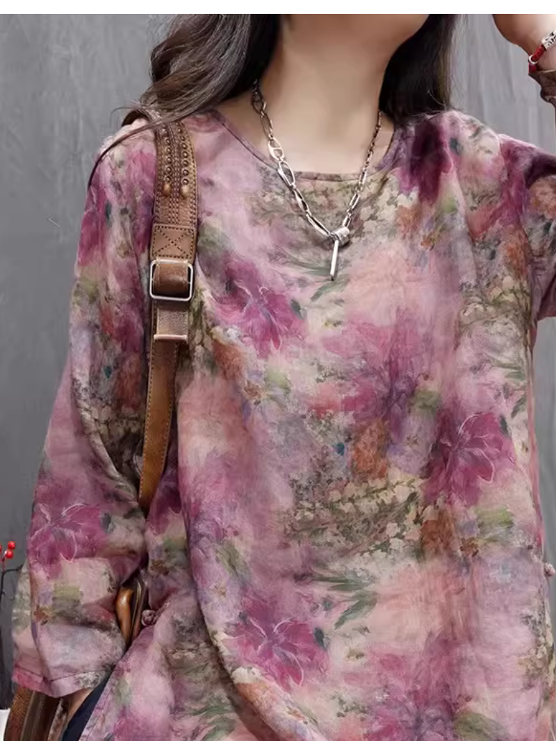 Painterly Floral Cotton Linen Tunic Blouse with Relaxed Long Sleeves