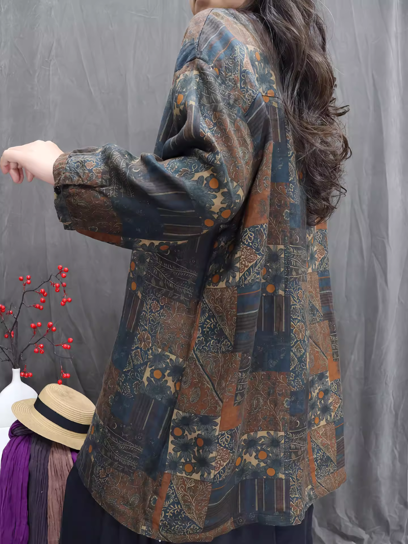 Artful Patchwork Oversized Tunic Blouse in Rayon Blend, Boho Chic
