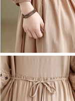 Embroidered Cotton-Linen Boho Maxi Dress with Tassel Tie Neck Detail