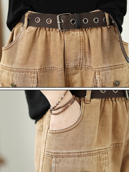 High-Waist Denim Cotton Cargo Pants with Belt, Relaxed Barrel Leg