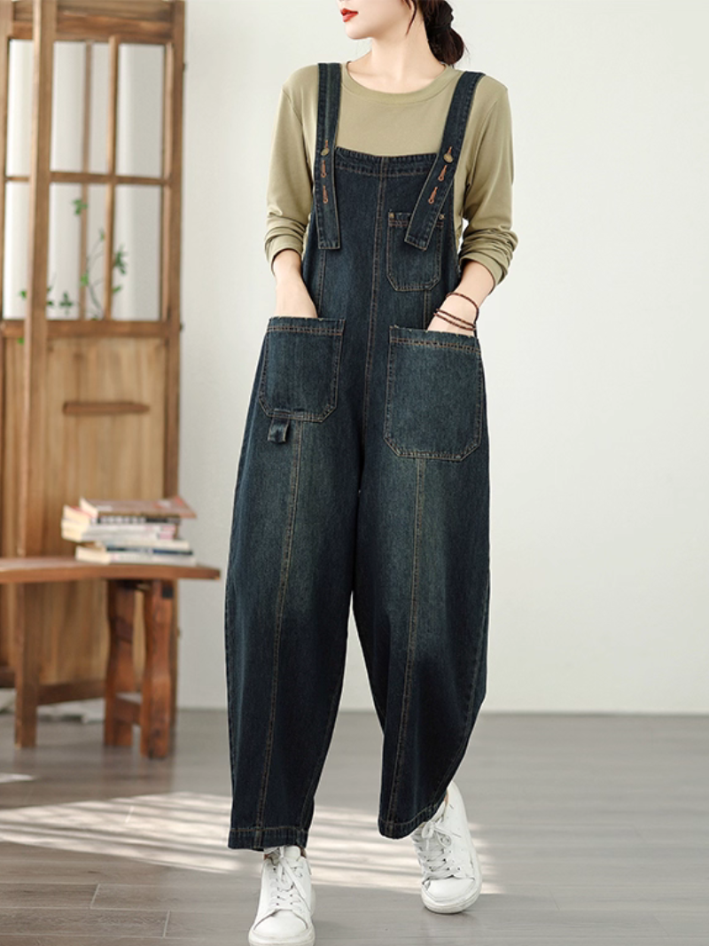 Relaxed Wide-Leg Denim Overalls with Adjustable Straps and Pocket Detail