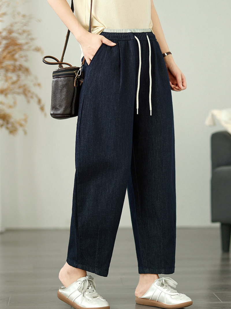 Relaxed Tapered Women's Denim Pants in Cotton with Drawstring Waist