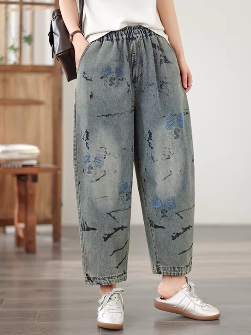Artful Relaxed Denim Cotton Jogger Pants for Women Elastic Waist Jeans