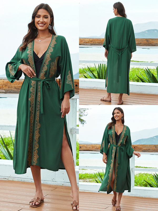 Vestido de Kimono de cinturón bordado de estilo abierto de gran tamaño para mujeres