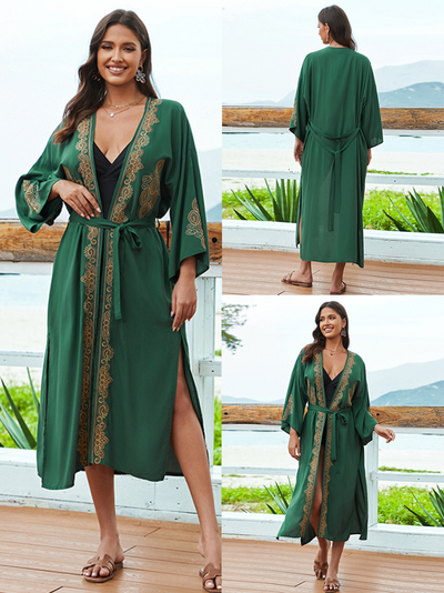 Women's Loose Large Size Open Style Printed Embroidered Belt Kimono Dress