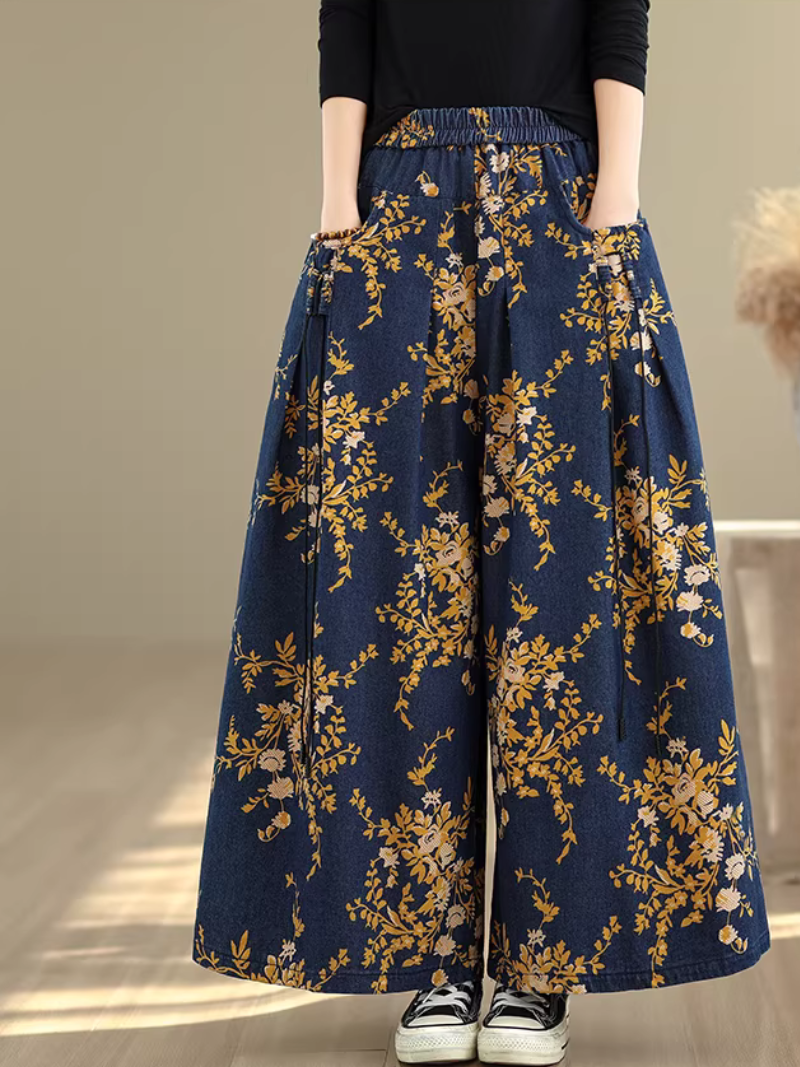 Floral Denim Cotton Palazzo Pants with Elastic Waist, Chic Wide-Leg Silhouette