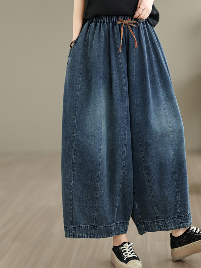 Vintage Denim Cotton Balloon Culotte Pants with Elastic Waist and Pockets