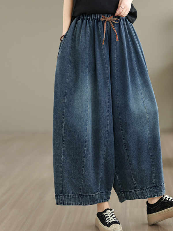 Vintage Denim Cotton Balloon Culotte Pants with Elastic Waist and Pockets