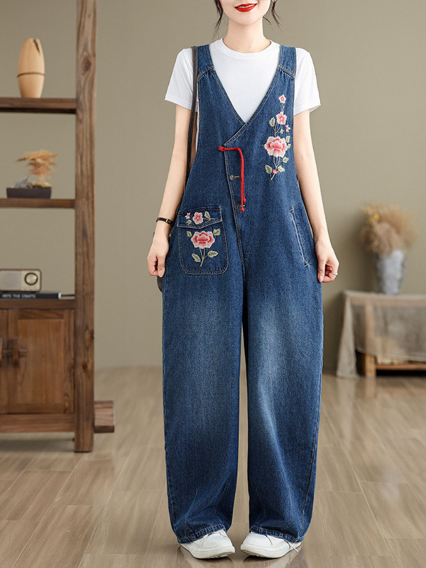 Women's Rose Embroidered Denim Overalls with Loose Wide-Leg Fit