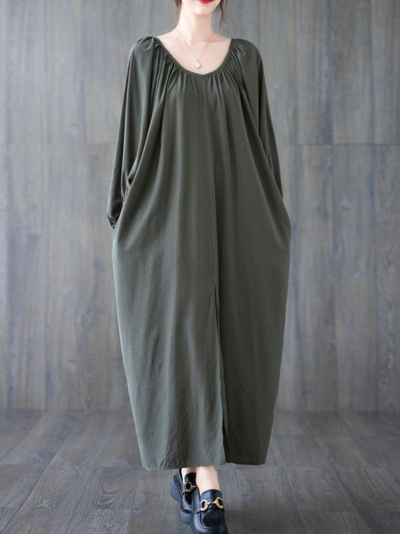 Gathered Neck Viscose Maxi Dress with Belt and Bishop Sleeves