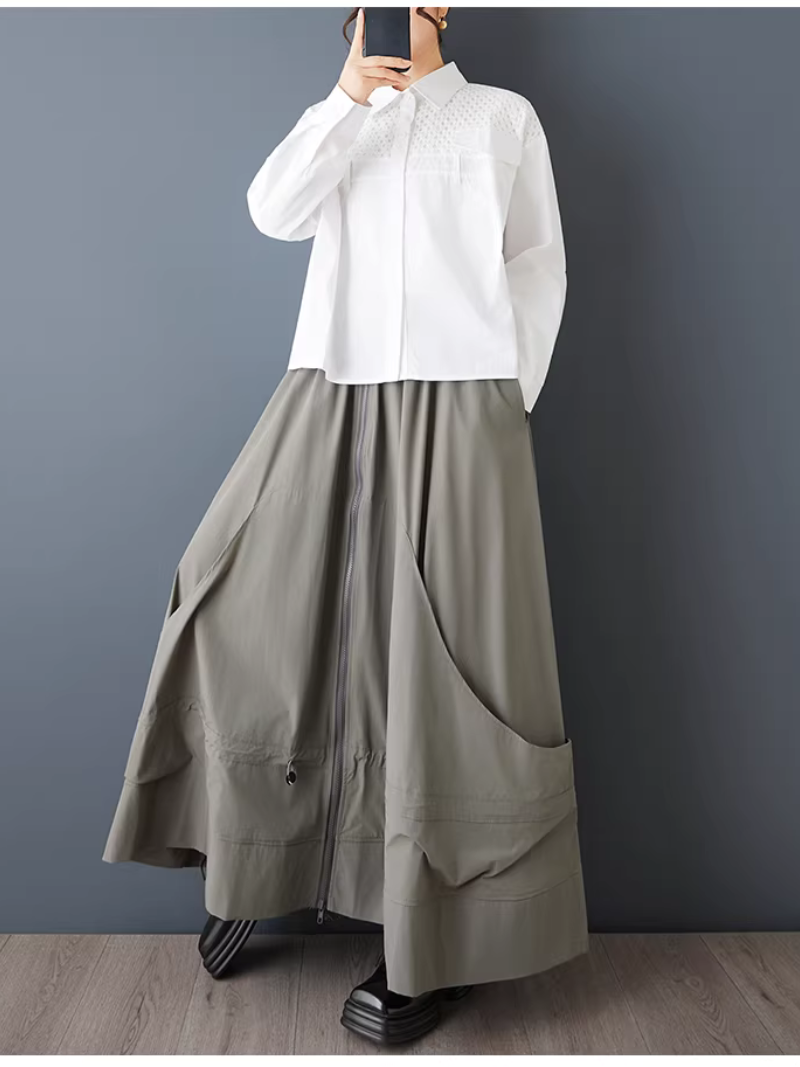 Sculptural Drawcord Maxi Skirt with Elastic Waist, Flowing Polyester Elegance