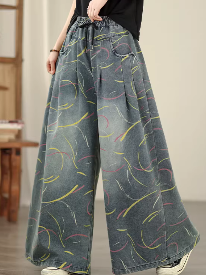 Artful Wide-Leg Denim Cotton Palazzo Pants with Elastic High Waist