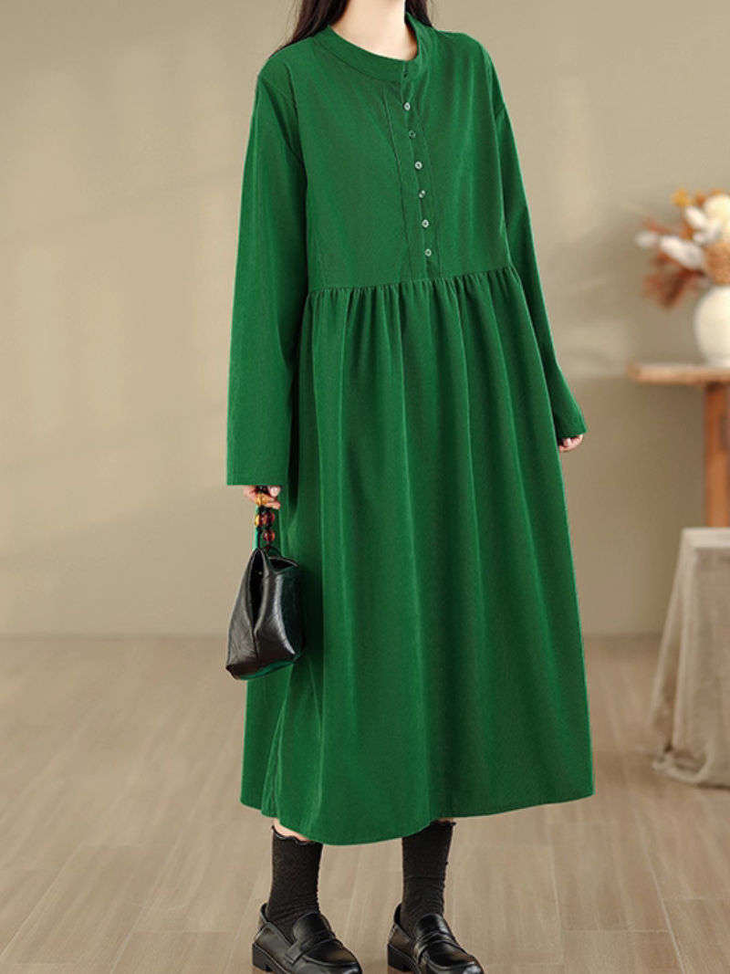 Elegant Corduroy Long-Sleeve Midi Dress with Buttons and Banded Collar