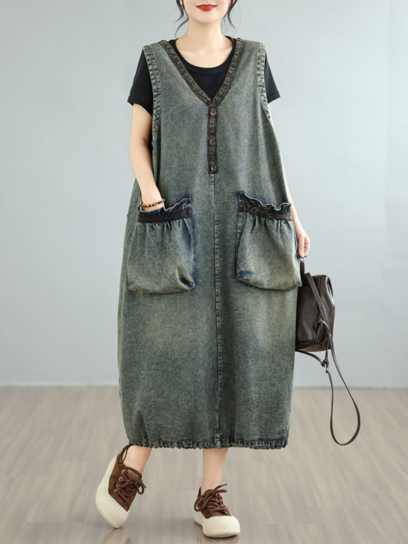 Relaxed V-Neck Denim Dress with Oversized Pockets, Effortless Pinafore