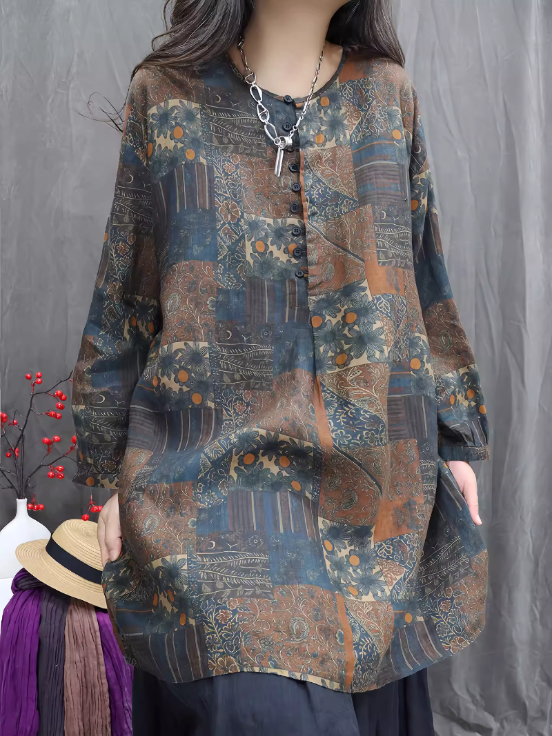 Artful Patchwork Oversized Tunic Blouse in Rayon Blend, Boho Chic