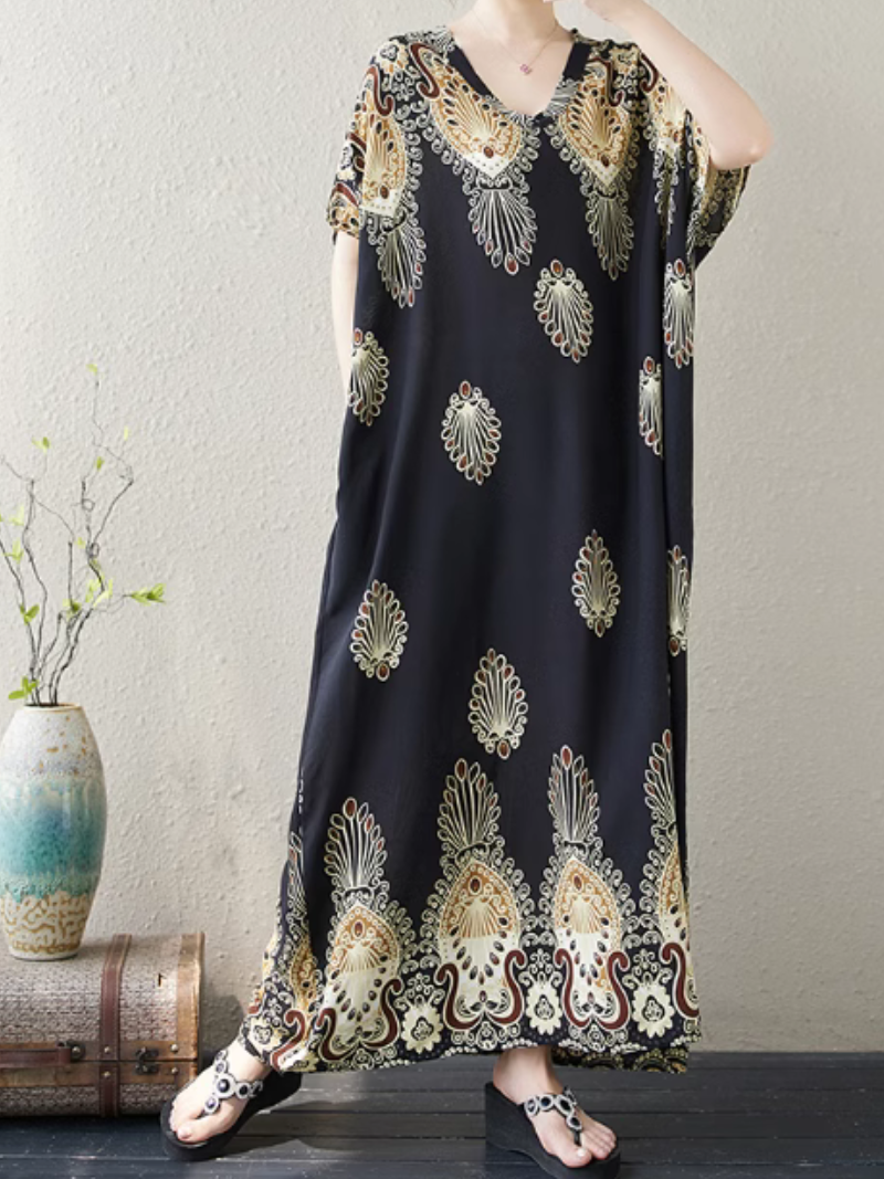 Women's Summer Embroidered Printed High Waist Kaftan Dress