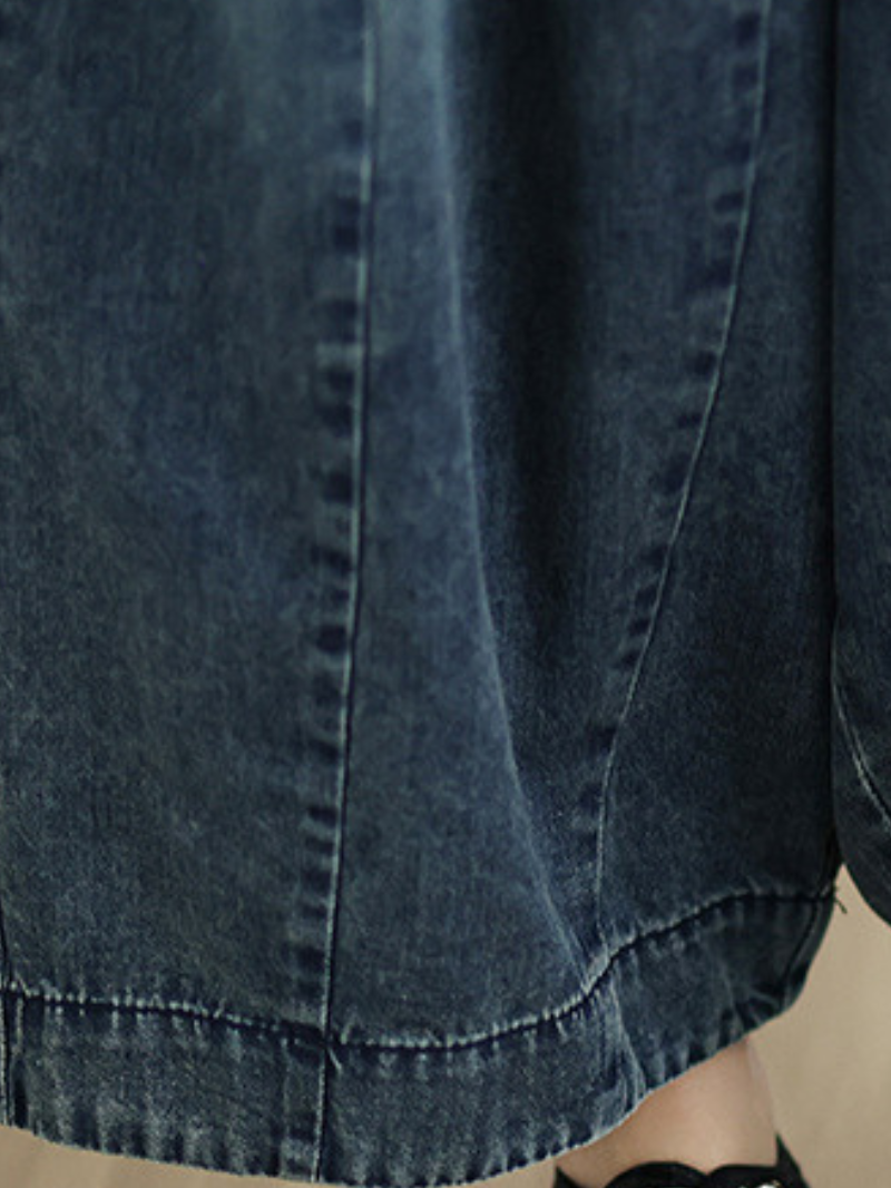 Vintage Denim Cotton Balloon Culotte Pants with Elastic Waist and Pockets