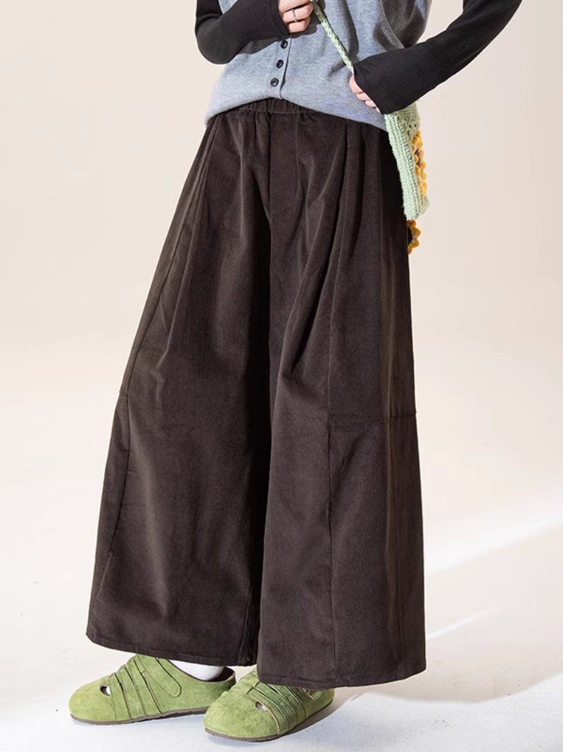 Corduroy Wide-Leg Palazzo Pants with Soft Pleats, Effortlessly Elegant Trousers