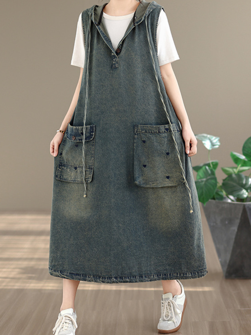 Hooded Denim Dress in Cotton, Pinafore Silhouette with Oversized Pockets