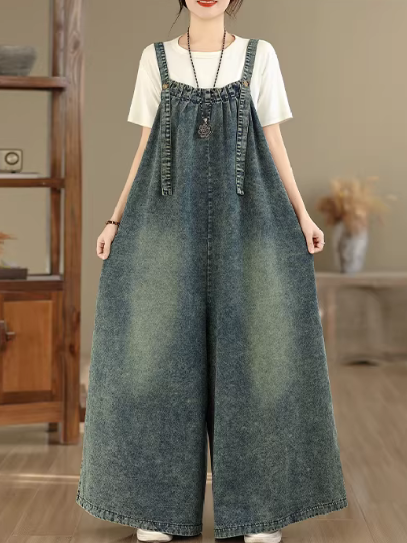 Artful Wide-Leg Denim Overalls Jumpsuit in Soft Cotton for Effortless Weekends