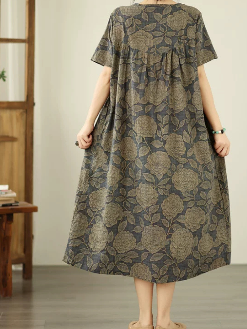 Botanical A-Line Cotton Linen Dress with Pockets, Relaxed Midi Elegance