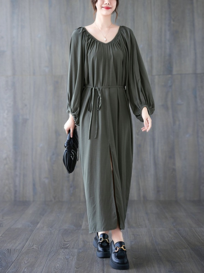 Gathered Neck Viscose Maxi Dress with Belt and Bishop Sleeves