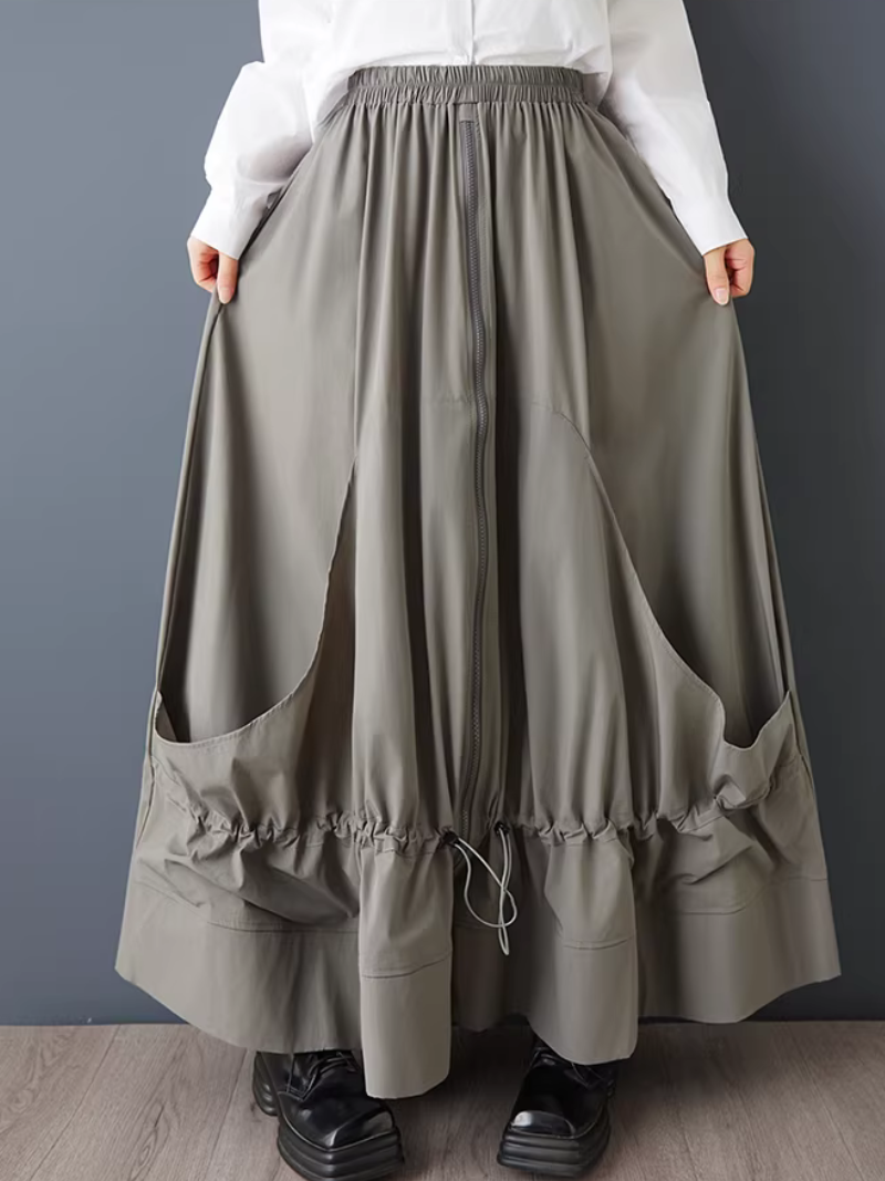 Sculptural Drawcord Maxi Skirt with Elastic Waist, Flowing Polyester Elegance