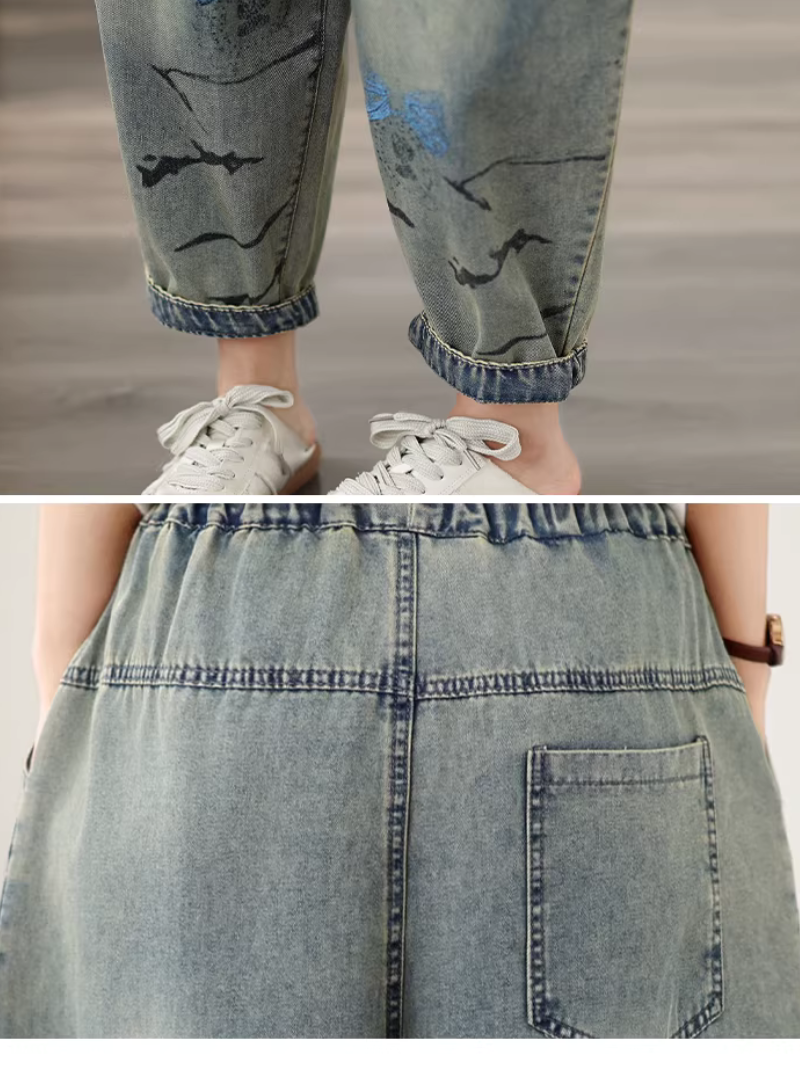 Artful Relaxed Denim Cotton Jogger Pants for Women Elastic Waist Jeans