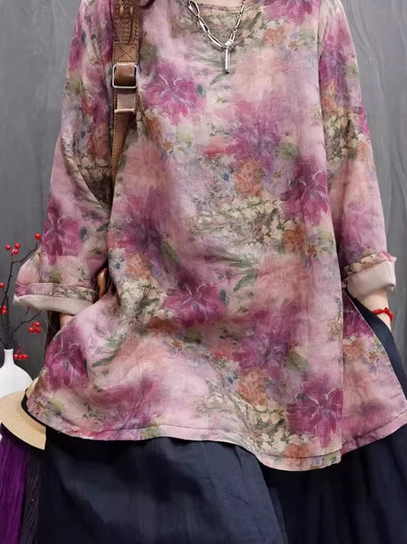 Painterly Floral Cotton-Linen Tunic Blouse