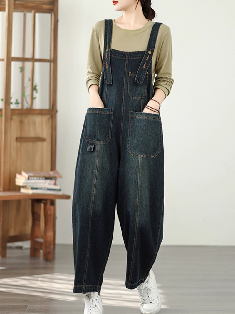 Relaxed Wide-Leg Denim Overalls with Adjustable Straps and Pocket Detail