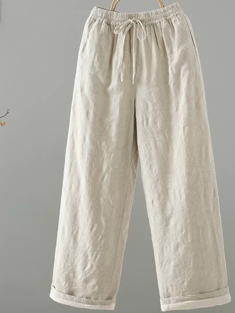 Textured Jacquard Cotton Relaxed Wide-Leg Women's Pants with Drawstring Waist