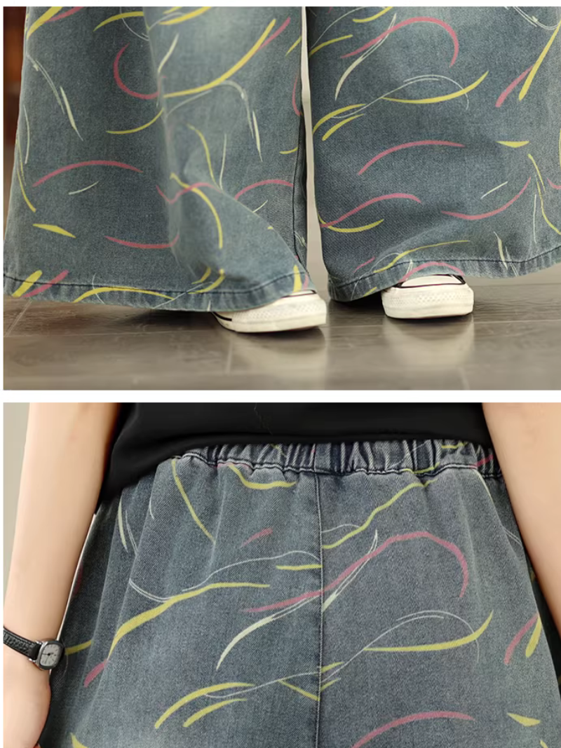 Artful Wide-Leg Denim Cotton Palazzo Pants with Elastic High Waist