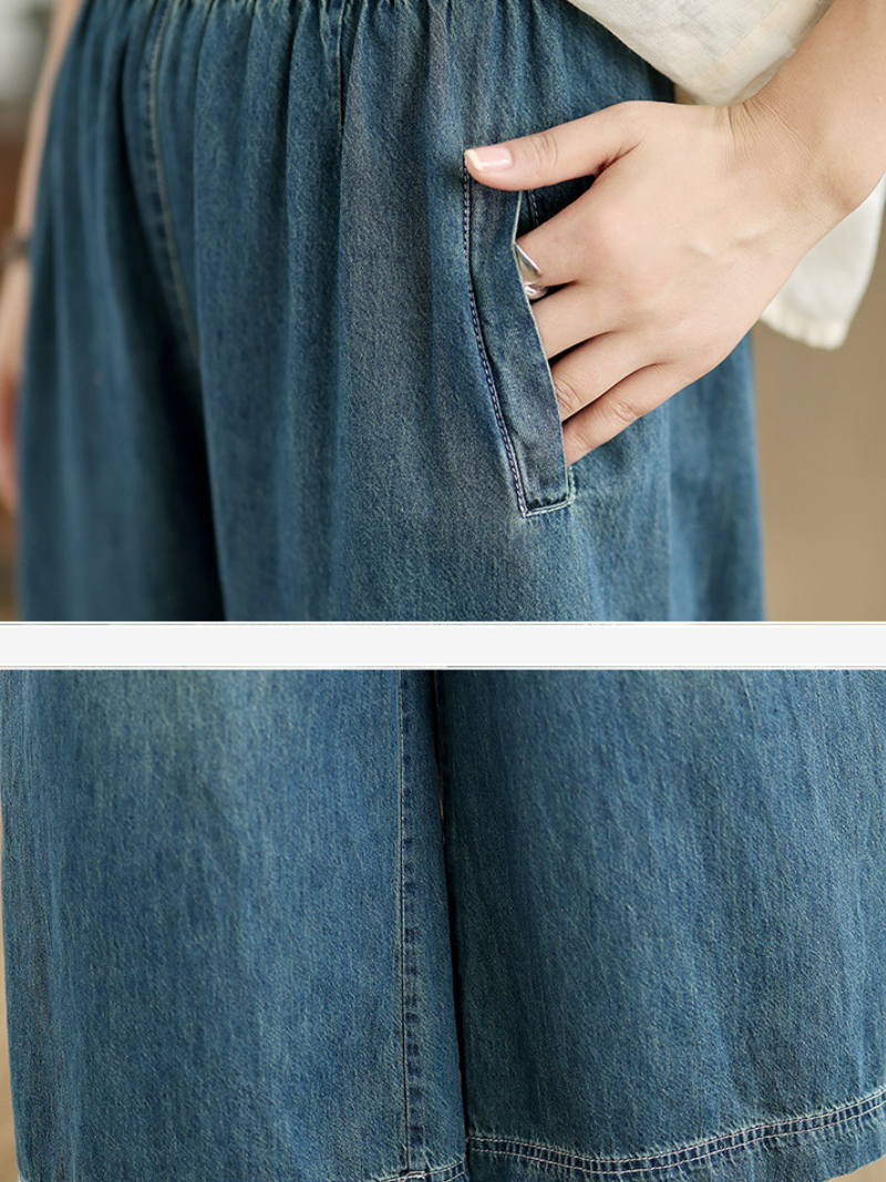 Fluid Wide-Leg Denim Cotton Pants with Elastic Waist and Pockets