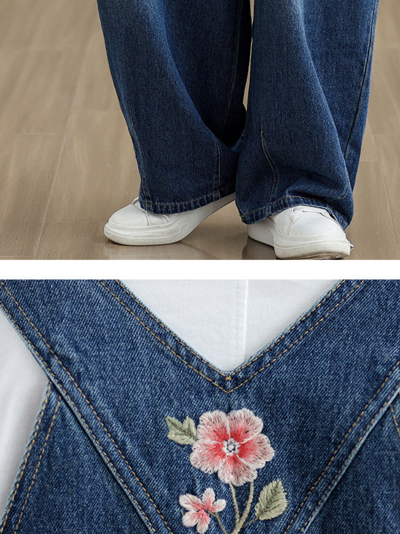 Women's Rose Embroidered Denim Overalls with Loose Wide-Leg Fit