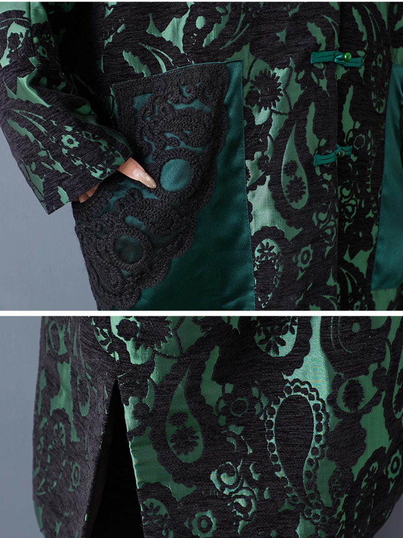 Artisanal Jacquard Flocking Overcoat with Mandarin Collar and Frog Closures