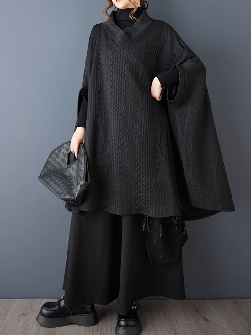 Textured A-line Cape Poncho in Polyester Blend, Minimalist Winter Layer